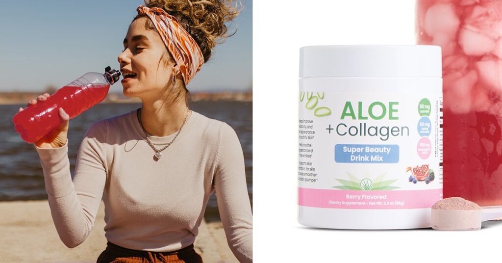 Young woman drinking a red liquid from a waterbottle next to a product image of Aloe + Collagen Drink Mix